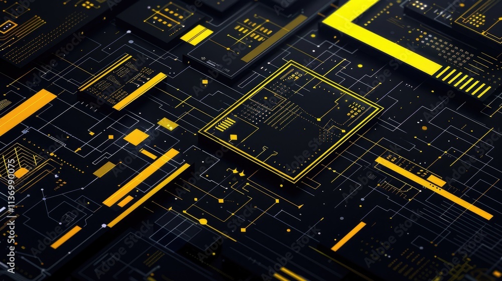 Poster abstract digital circuit design featuring yellow and black patterns.