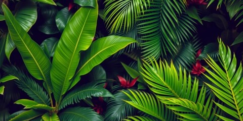 Close up of vibrant green tropical palm leaves in lush forest setting, foliage, tropical foliage