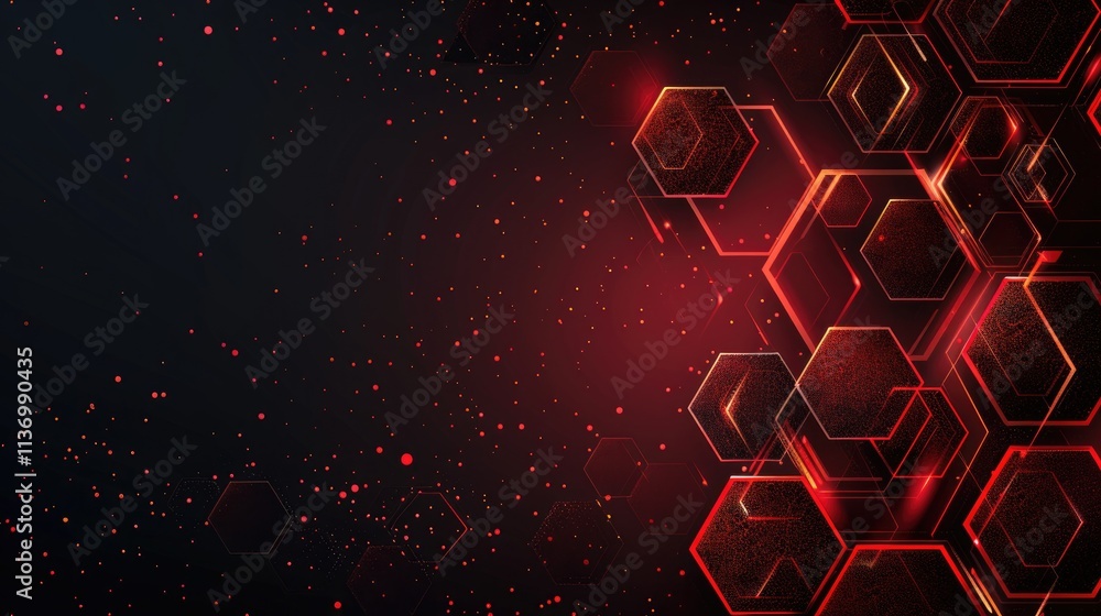 Poster abstract graphic featuring hexagons and a dark background with red accents and particles.