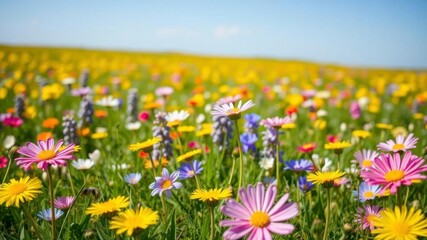 Obraz premium Field filled with bright yellow dandelions under a clear blue sky, flora, peaceful, spring