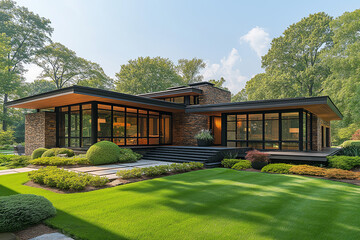 Obraz premium Photographie immobilière extérieure d'une maison moderne avec pelouse entretenue et architecture épurée