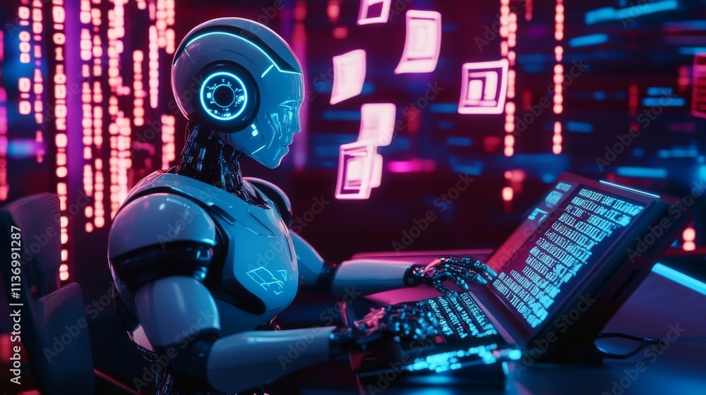 Poster a humanoid ai robot focused on data analysis at a high-tech workstation in a glowing, neon-lit envir