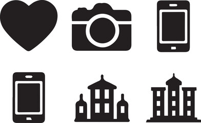 Simple Black Icons of Heart, Camera, Smartphone, and Buildings