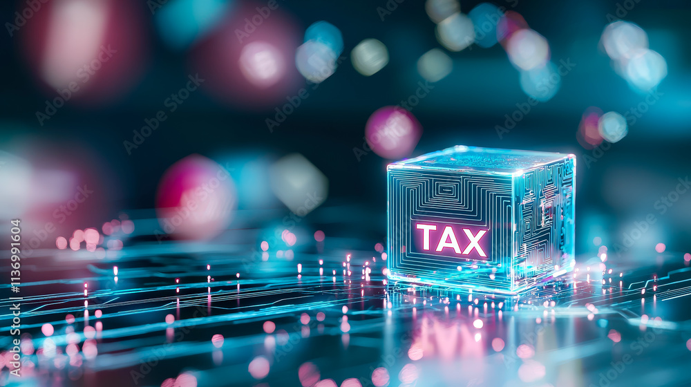 Poster tax concept with glowing cube on a futuristic background filled with colorful lights