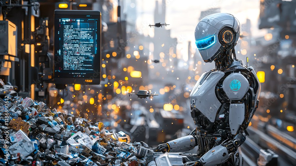 Poster futuristic robot sorting through electronic waste in a neon-lit urban landscape
