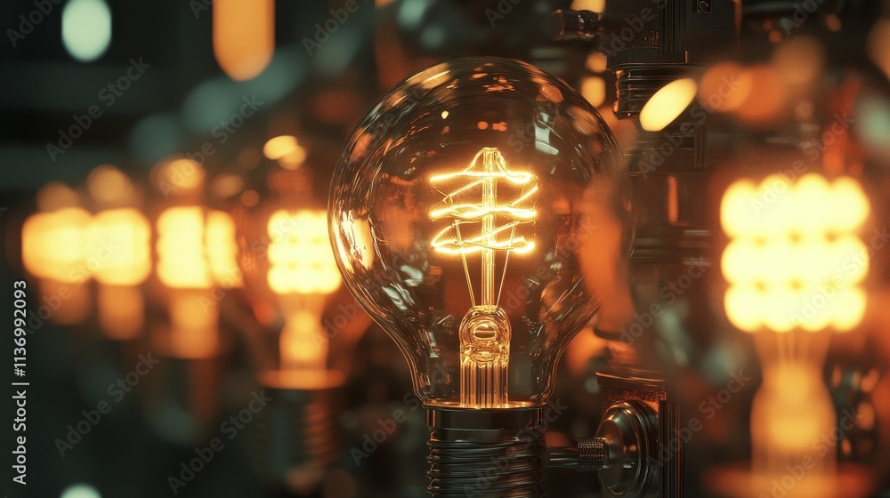 Poster a close-up shot of vintage-style glowing filament light bulbs arranged in a row, emphasizing the war