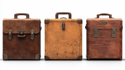 Three vintage leather suitcases isolated on white.