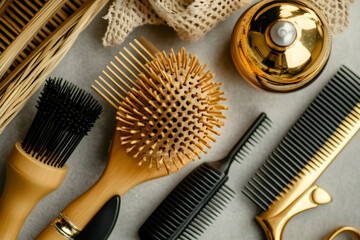 Flatlay showcasing various hairbrushes and combs, including bamboo and gold-toned options, arranged on a neutral background.  Ideal for hair care, beauty, and wellness content.