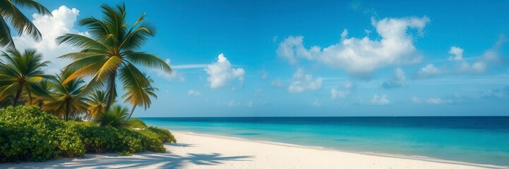 Obraz premium Sweeping sandy beach with crystal clear turquoise water and lush palm trees under a clear blue sky, blue sky, sand, palm trees