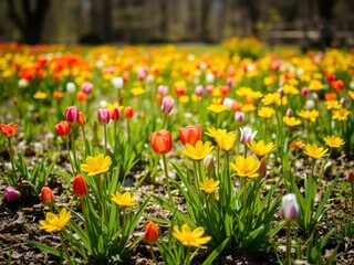 Vibrant daffodil flowers blooming in a sunlit field of green grass and blue sky, vivid, ecology, landscape