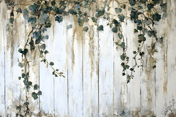 Rustic white wooden fence with climbing ivy, textured background ideal for design projects or home decor.