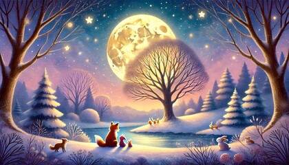 A Heartwarming Winter Night with a Fox and Rabbit Family Under the Golden Moonlight