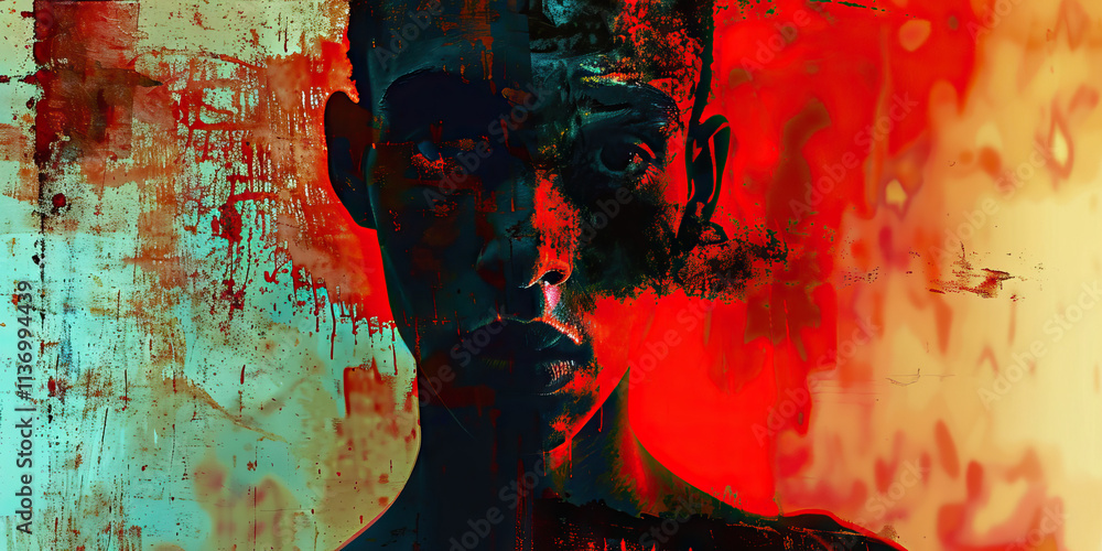 Poster abstract portrait with red and teal background