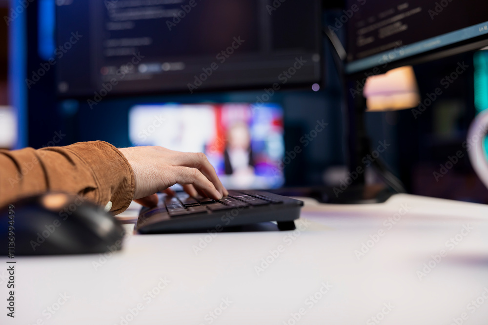 Poster man working cybersecurity job from home using computer to fix security loopholes. it remote worker a