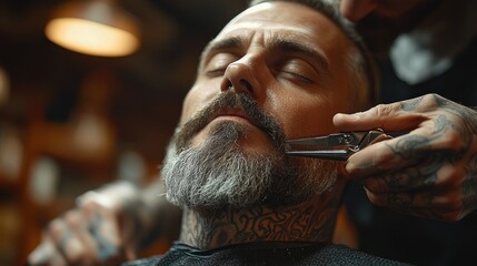 A man receiving a beard trim in a barbershop, showcasing grooming and relaxation.