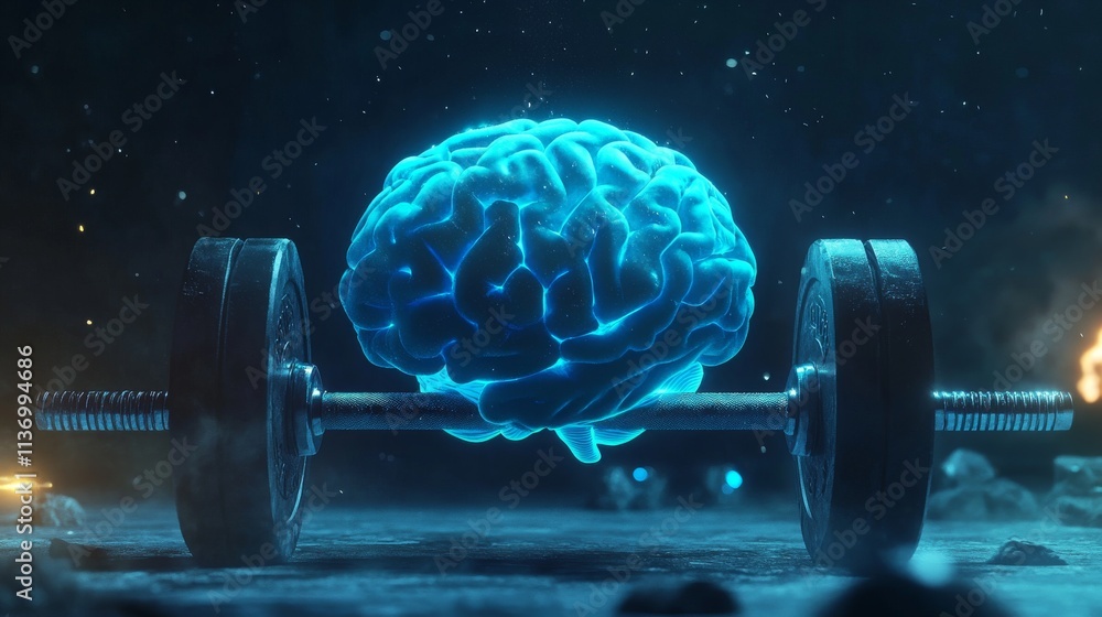 Poster a glowing blue brain rests on a barbell in a dark, futuristic environment. the image symbolizes the 