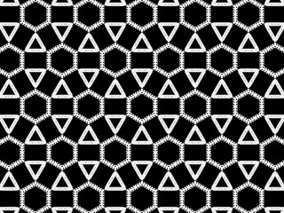 Stylish black and white geometric pattern with hexagonal and triangular shapes, perfect for modern designs.