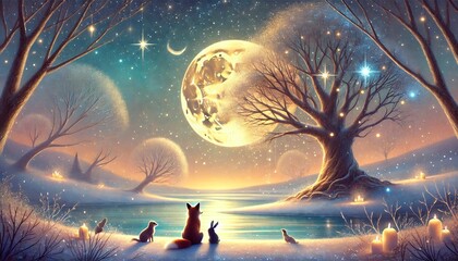 Naklejka premium A Whimsical Winter's End: Families of Foxes and Rabbits Beneath a Golden Moonlit Sky
