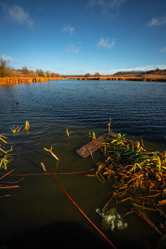 Landscape photography on the wide-angle lense, river at the morning in the fall season.Blue and beautiful water,reclections on water.Clouds in the blue sky, trees on the beach , sunny morning.Branches