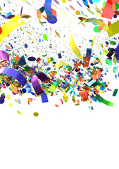 Abstract background with colorful confetti and ribbons exploding in mid-air, perfect for celebration and party themes.