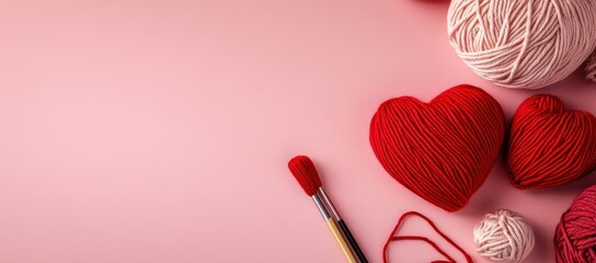This romantic scene with red yarn hearts is perfect for Valentines Day, capturing love and affection through creative crafting and crochet techniques, symbolizing strong emotional bonds