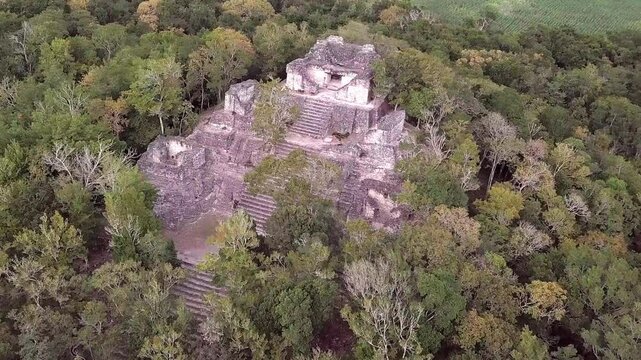 Close aerial circling shot of Mayan Pyramid emerging from the jungle.