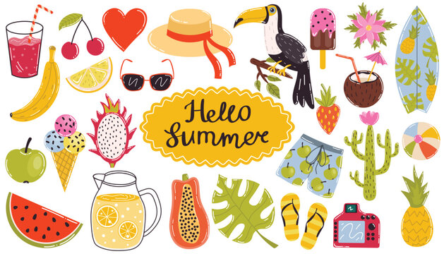 Colorful cartoon summer design elements collection with tropical fruits, Toukan bird, Monstera leaf and more. Summer vacation collection.