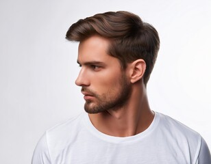 Fototapeta premium Man with a beard and short hair. He is wearing a white shirt. He has a mustache