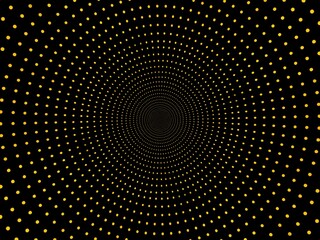 Abstract gold dot pattern on black background creating a swirling effect