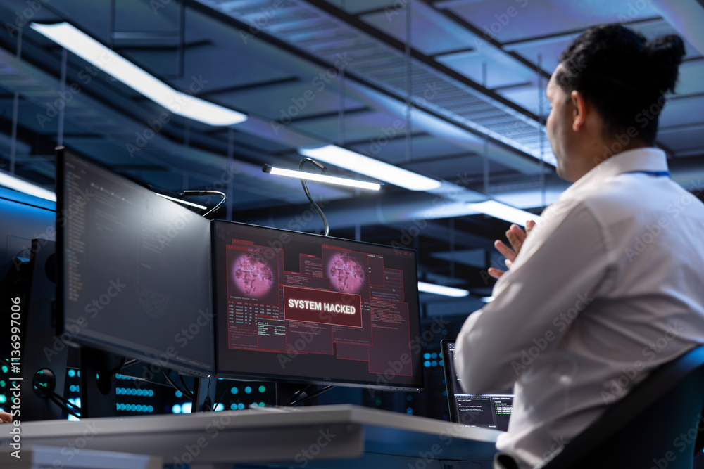 Poster system administrator in server hub trying to protect hardware from hacker attack stealing sensitive 
