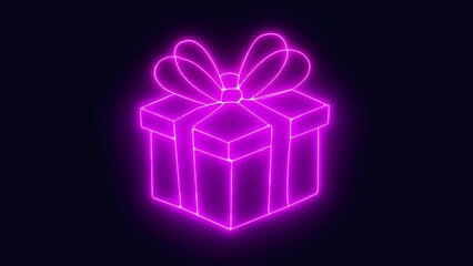 Outline neon gift box icon. Night bright advertising, light banner, light art. Vector illustration. Bright glowing symbol multicolor light on a deep black canvas