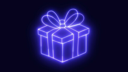 Outline neon gift box icon. Night bright advertising, light banner, light art. Vector illustration. Bright glowing symbol multicolor light on a deep black canvas
