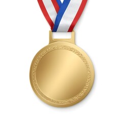 A gold medal with a red, white, and blue france ribbon