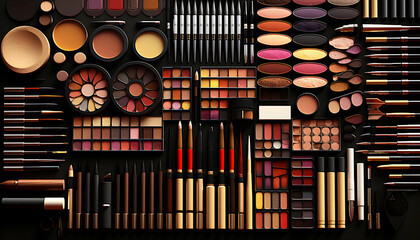 Flatlay showcasing a professional makeup artist's kit; an array of eyeshadow palettes, brushes, lipsticks and other cosmetics.  Perfect for beauty blogs or makeup tutorials.