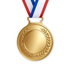 A gold medal with a red, white, and blue france ribbon