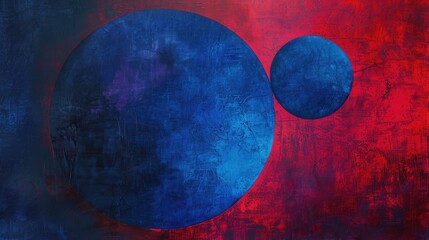 Abstract artwork featuring large blue circles on a textured red background.