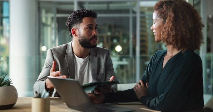 Business people, laptop and handshake for onboarding, training and mentorship with project planning. Manager, employee and discussion for proposal feedback, creative agency or brand consultant review