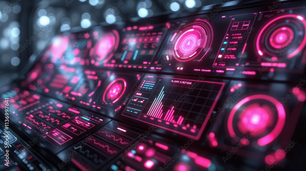 Poster a futuristic control panel displaying various data metrics and visualizations in vibrant colors.