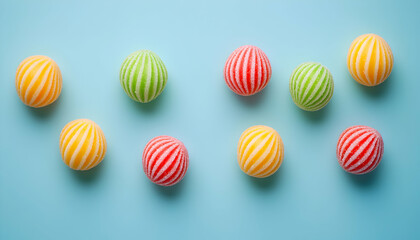 Fototapeta premium Colorful striped candies arranged on a pastel blue background. Perfect for projects needing a sweet, vibrant, and playful aesthetic.