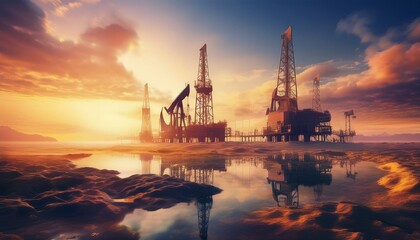 A distant view of an oil rig surrounded by pumpjacks, with sunrise hues softly blending into
