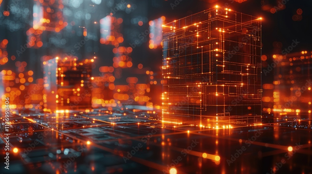 Aufkleber a futuristic digital landscape with glowing structures and interconnected nodes.