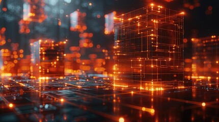 Obraz premium A futuristic digital landscape with glowing structures and interconnected nodes.