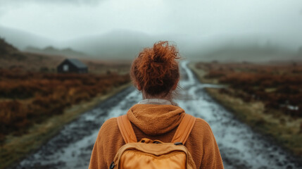 Fototapeta premium A woman looks down a muddy road surrounded by mist and mountains with a backpack