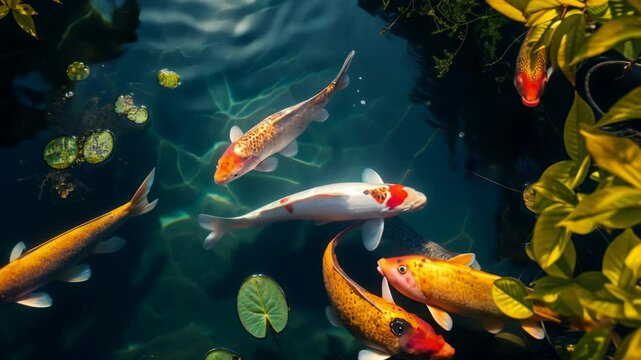 Group of koi fish swimming in a pond. The pond is surrounded by plants