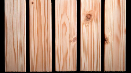 Close-up shot of five smooth, light brown wooden planks arranged vertically against a black background, showcasing wood grain texture and knots. Ideal for construction, carpentry, and DIY projects.