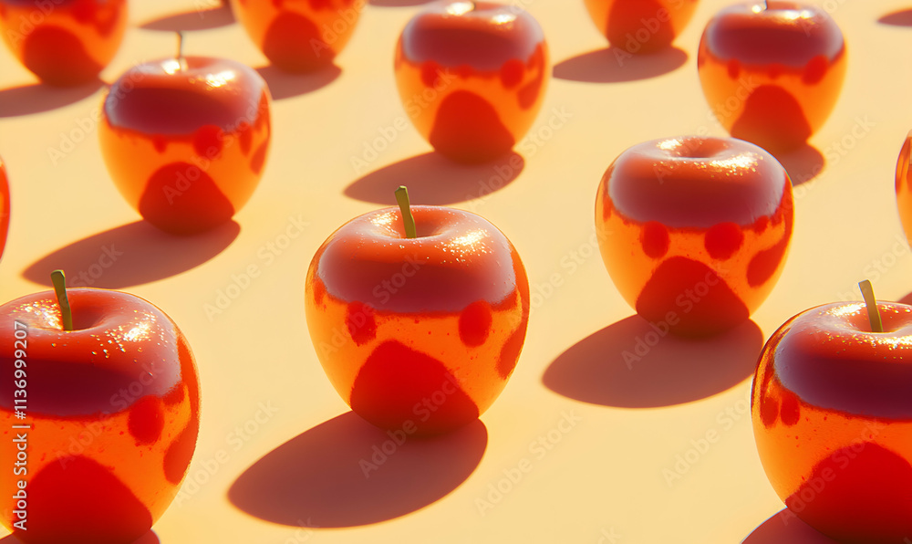 Poster shiny red apples arranged in rows cast shadows on a peach background, creating a vibrant and visuall
