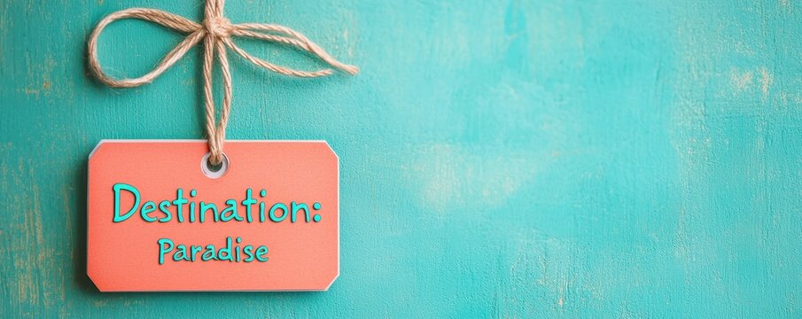 A colorful tag reads "Destinations: Paradise" against a turquoise background, suggesting travel or vacation themes.