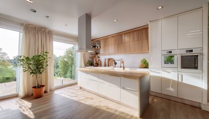 Minimalist white kitchen interior featuring sleek cabinetry with soft-close drawers, a wide