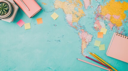 A colorful world map with stationery items, including a notebook, pens, and sticky notes, set against a teal background.