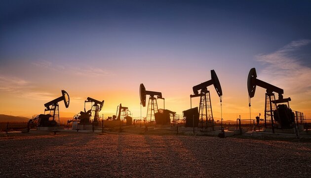 Multiple pumpjacks in silhouette, aligned in the distance, set against a golden sunrise with